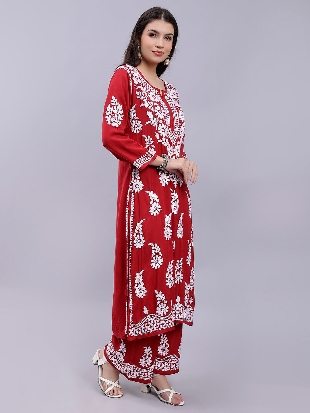 Red Modal Cotton Chikankari Kurta With Palazzo Set