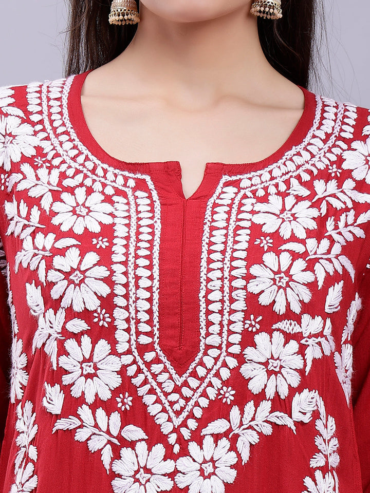 Red Modal Cotton Chikankari Kurta With Palazzo Set