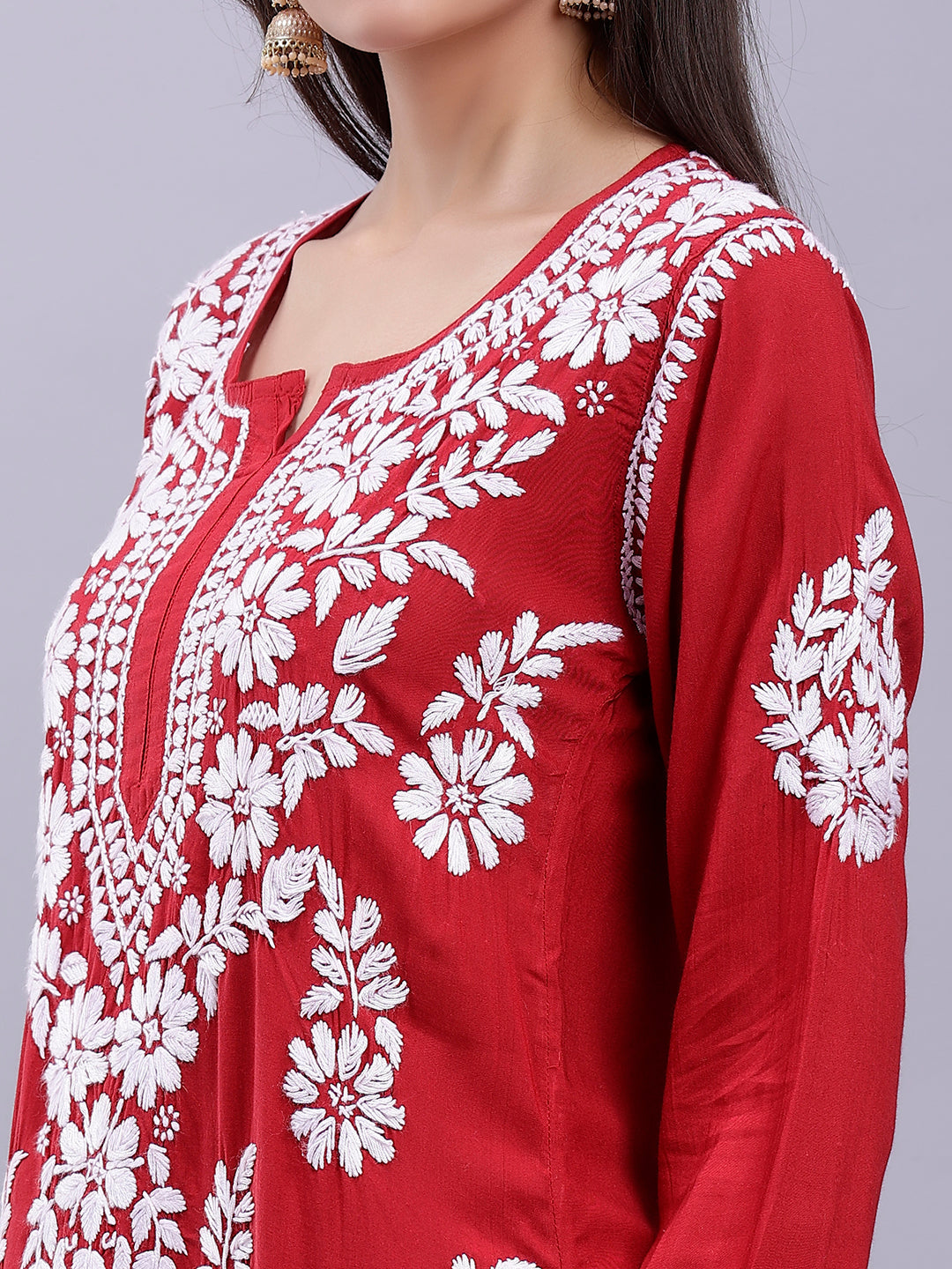 Red Modal Cotton Chikankari Kurta With Palazzo Set