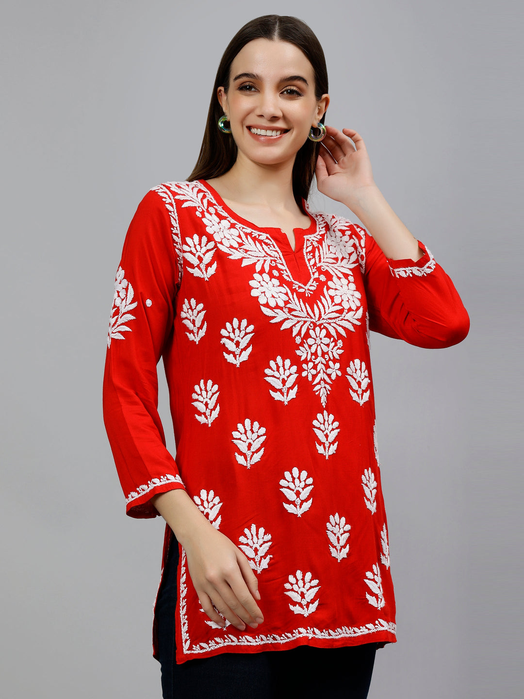 Red Modal Embroidered Lucknowi Chikankari Short Tunic