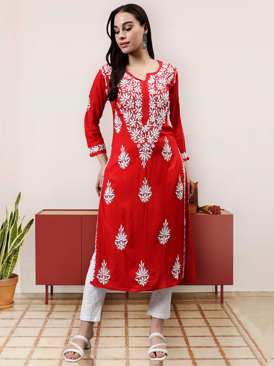 Red-Modal-Hand-Embroidered-Chikankari-Kurta