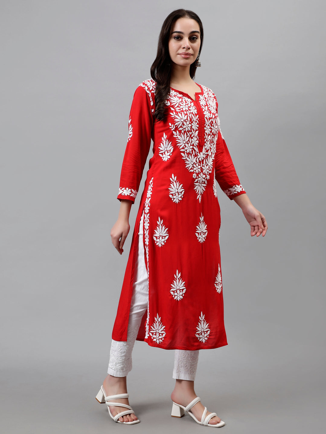 Red-Modal-Hand-Embroidered-Chikankari-Kurta