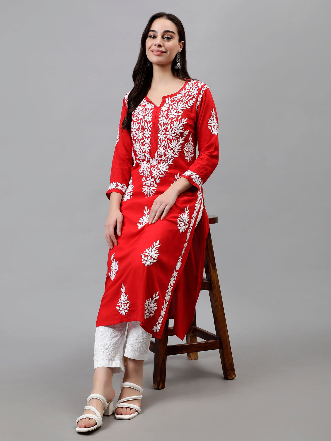 Red-Modal-Hand-Embroidered-Chikankari-Kurta