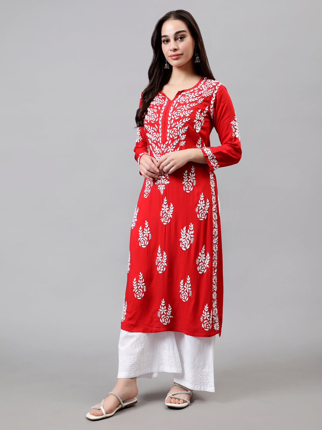 Red-Modal-Hand-Embroidered-Chikankari-Kurti