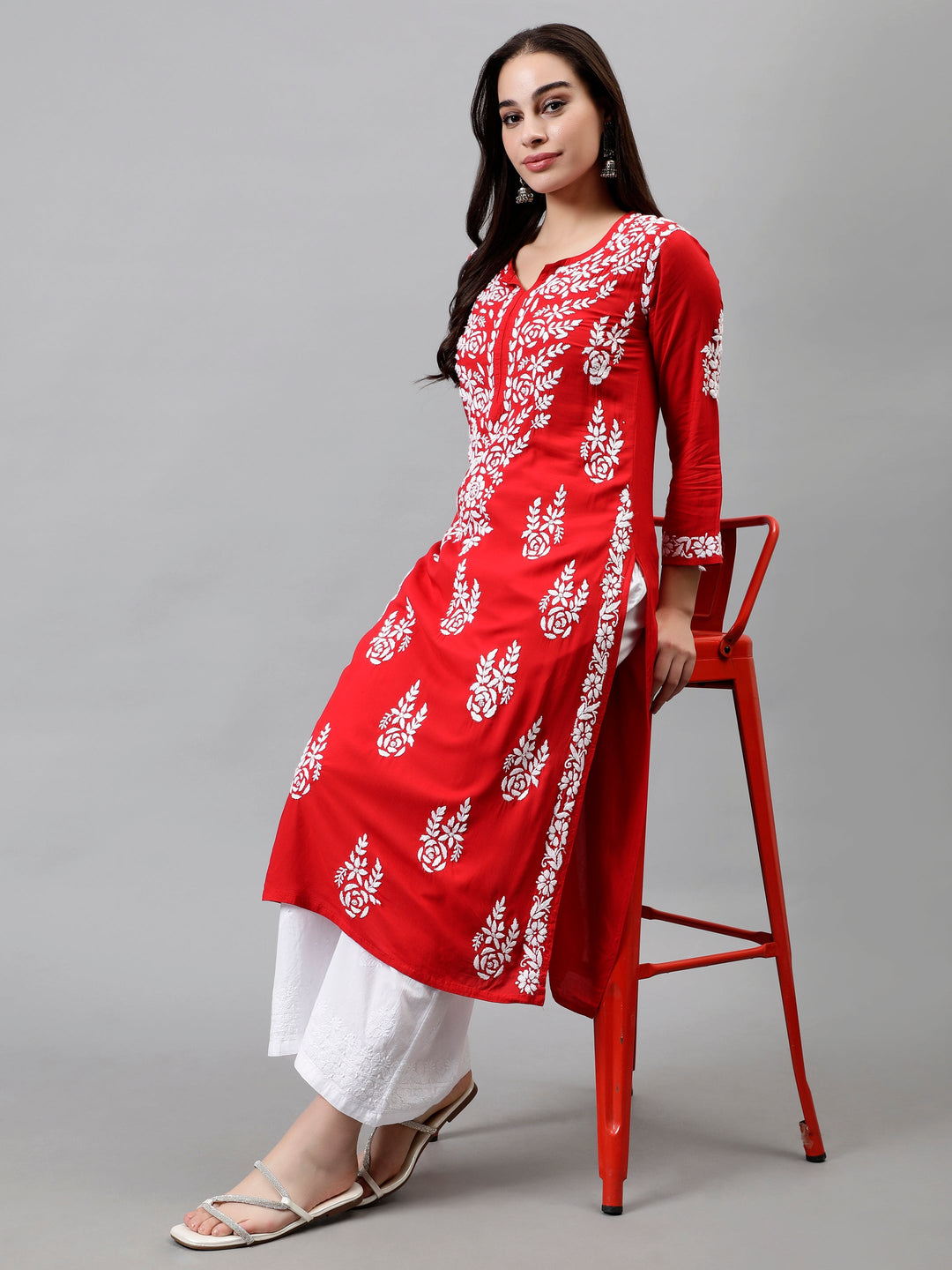 Red-Modal-Hand-Embroidered-Chikankari-Kurti