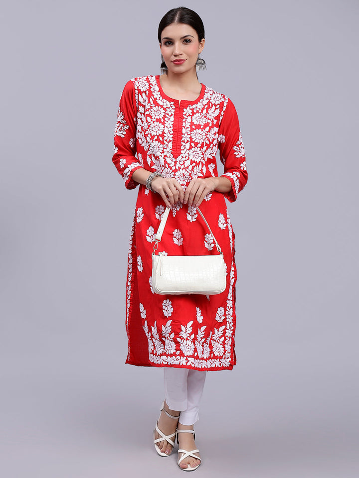 Red Muslin Handwoven Chikankari Kurti