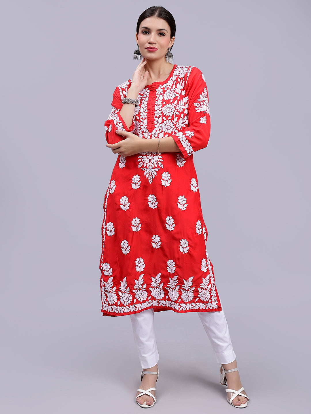 Red Muslin Handwoven Chikankari Kurti