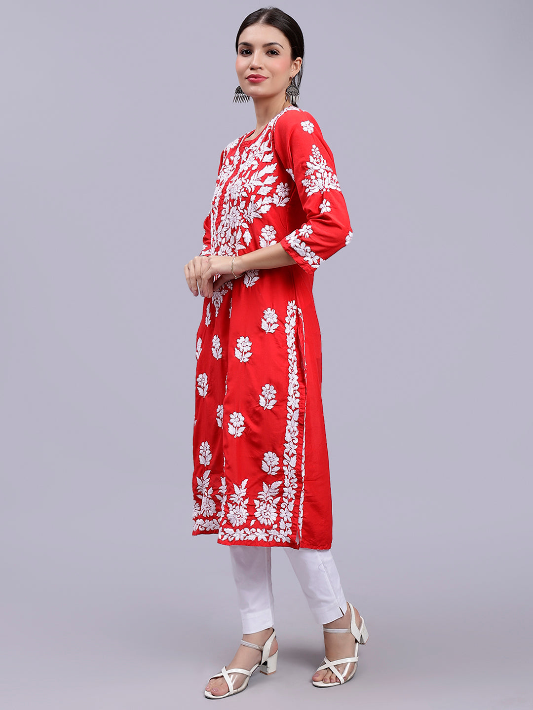 Red Muslin Handwoven Chikankari Kurti