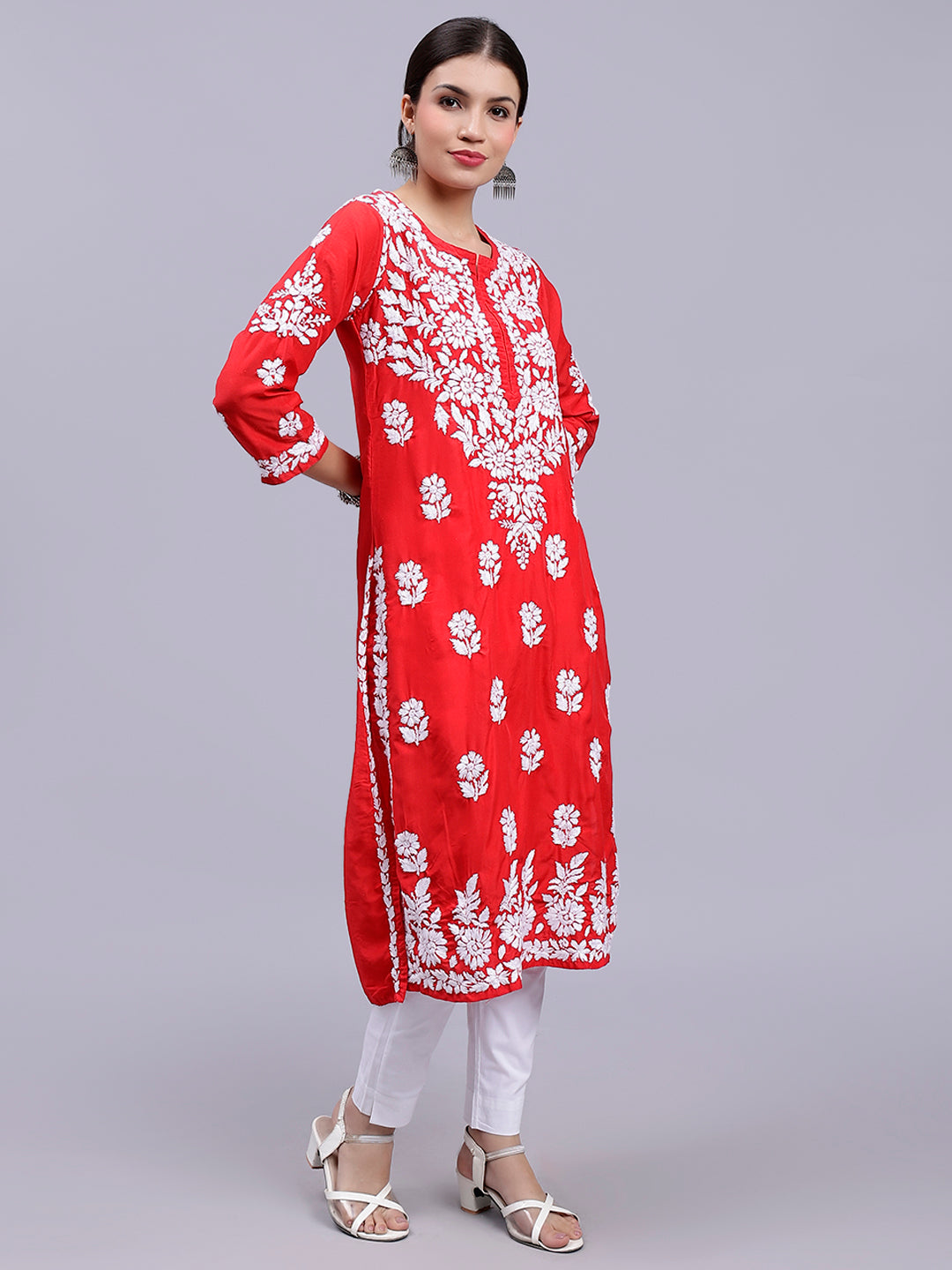 Red Muslin Handwoven Chikankari Kurti