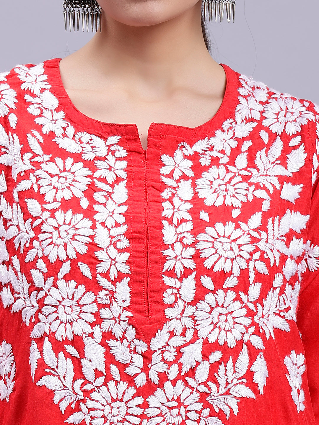 Red Muslin Handwoven Chikankari Kurti