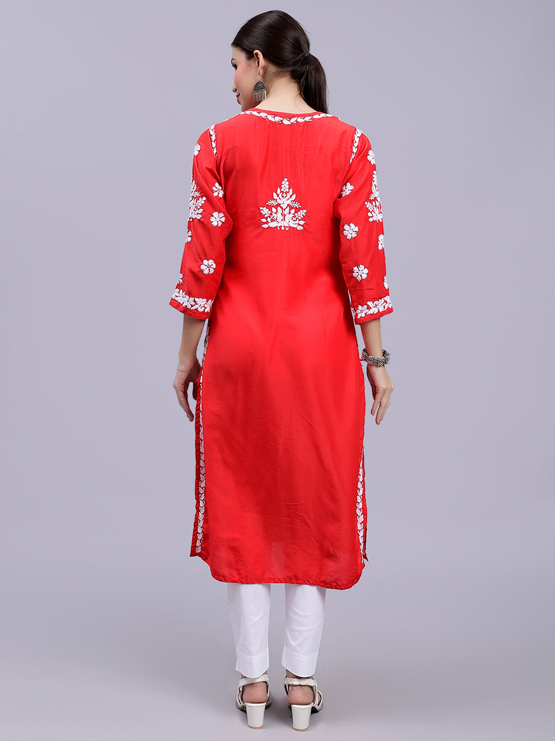 Red Muslin Handwoven Chikankari Kurti