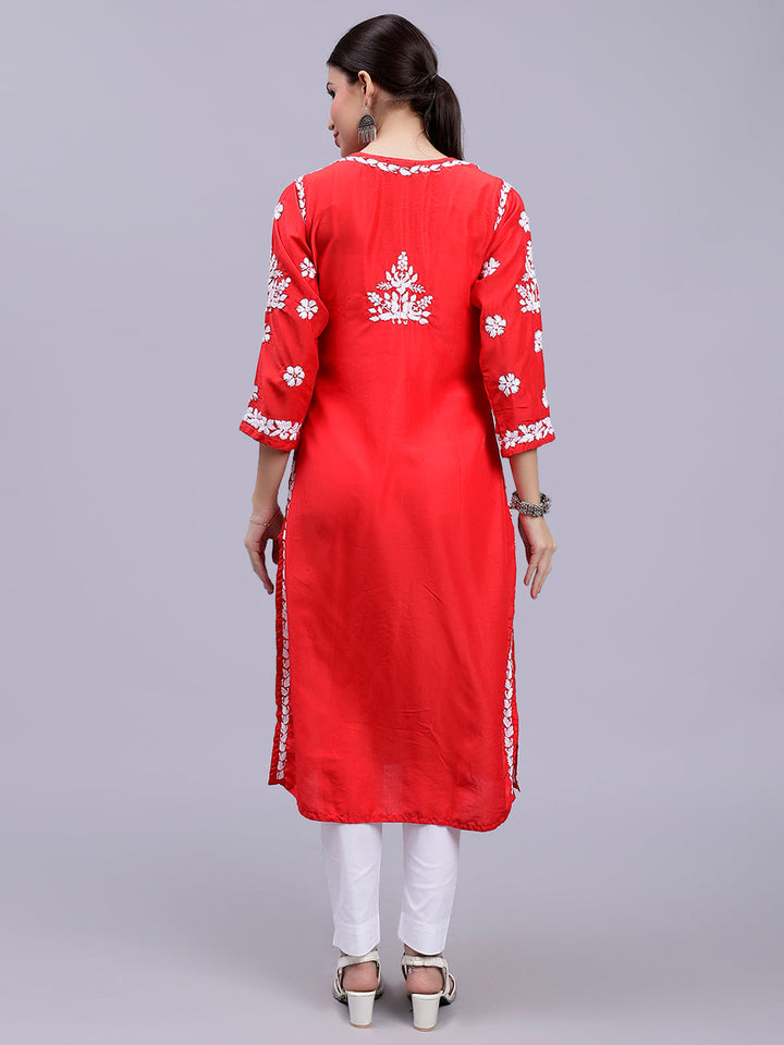 Red Muslin Handwoven Chikankari Kurti