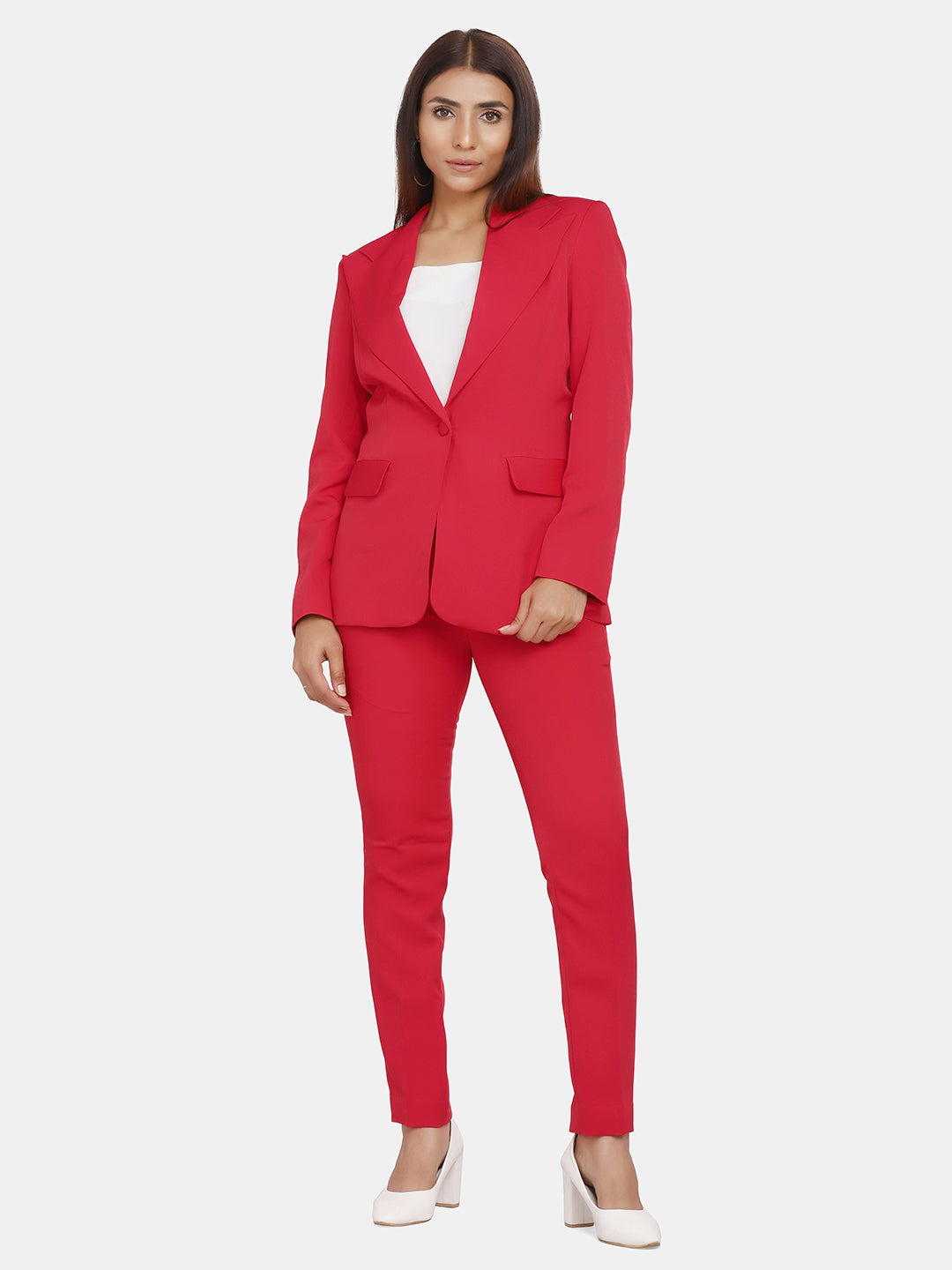 Red Polyester Single Button Blazer For Women
