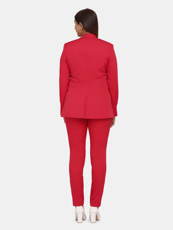 Red Polyester Single Button Blazer For Women