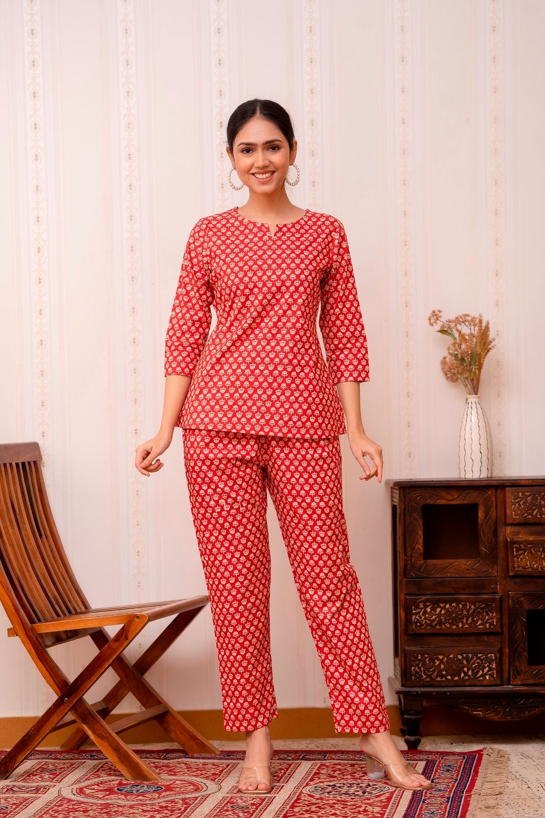 Red-Printed-A-line-Cotton-Night-Suit