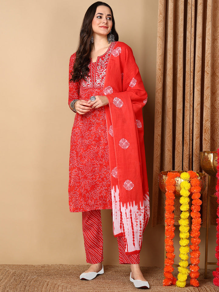 Red Pure Cotton Ethnic Motifs Embroidered Straight Kurta Trouser With Dupatta
