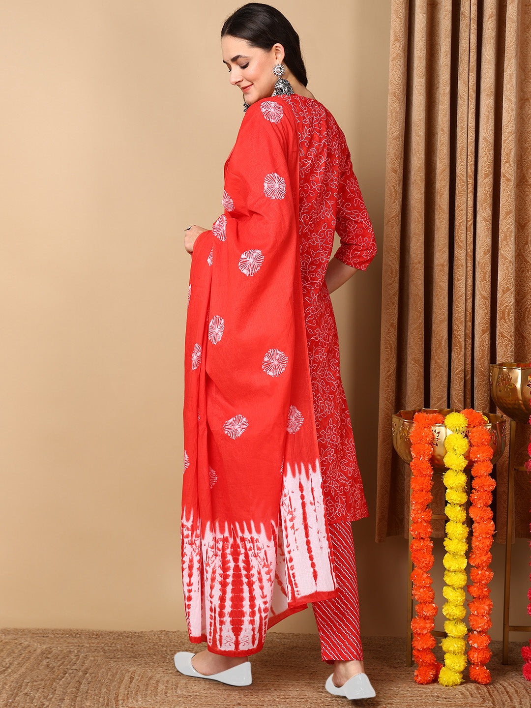 Red Pure Cotton Ethnic Motifs Embroidered Straight Kurta Trouser With Dupatta