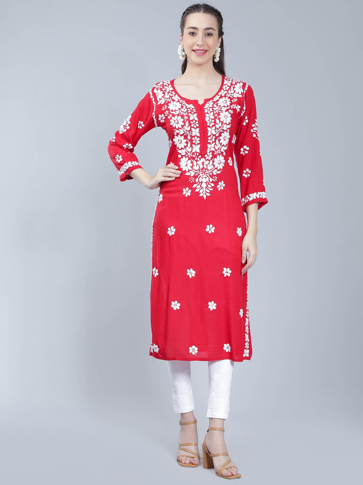 Red-Rayon-Kurta-with-Floral-Chikan-Embroidery