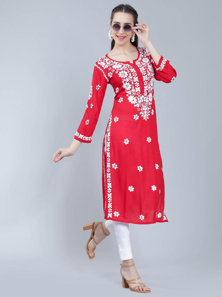 Red-Rayon-Kurta-with-Floral-Chikan-Embroidery