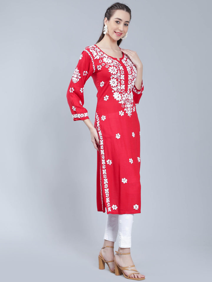 Red-Rayon-Kurta-with-Floral-Chikan-Embroidery