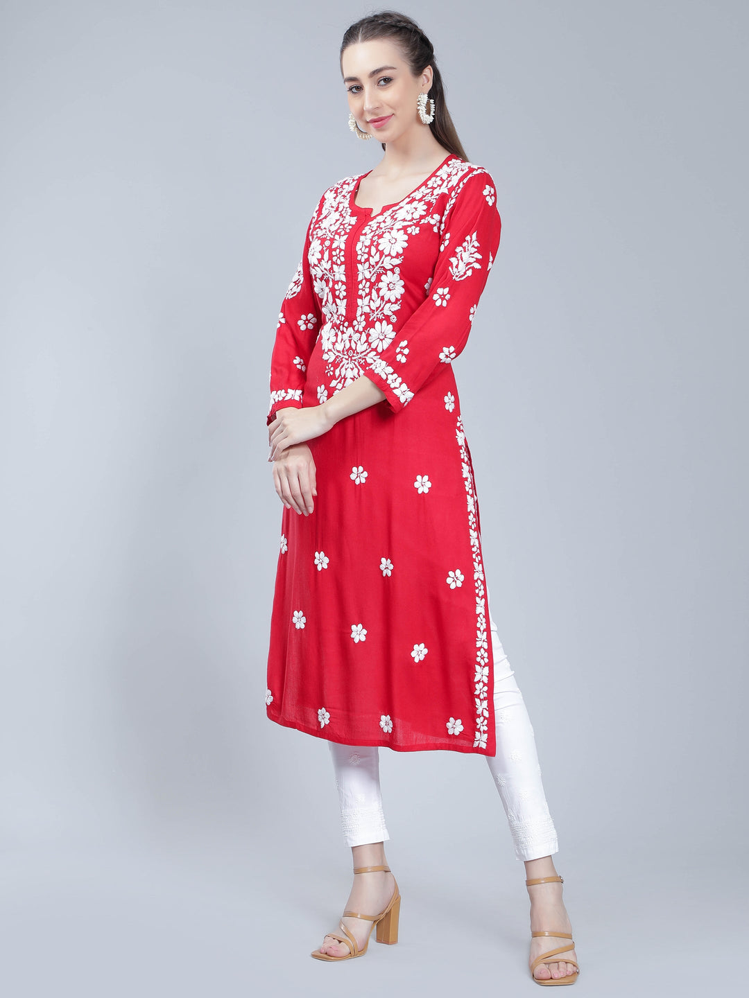 Red-Rayon-Kurta-with-Floral-Chikan-Embroidery