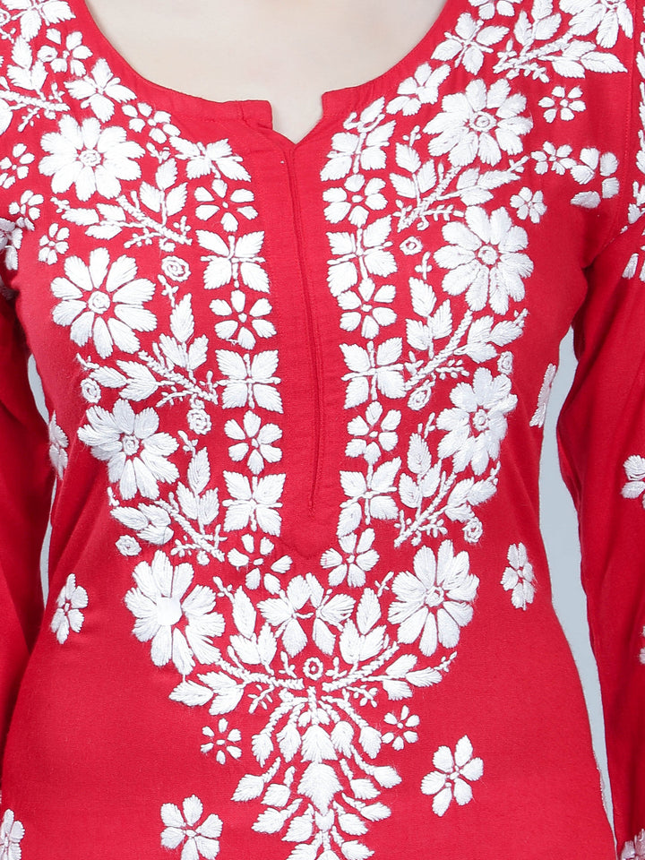 Red-Rayon-Kurta-with-Floral-Chikan-Embroidery