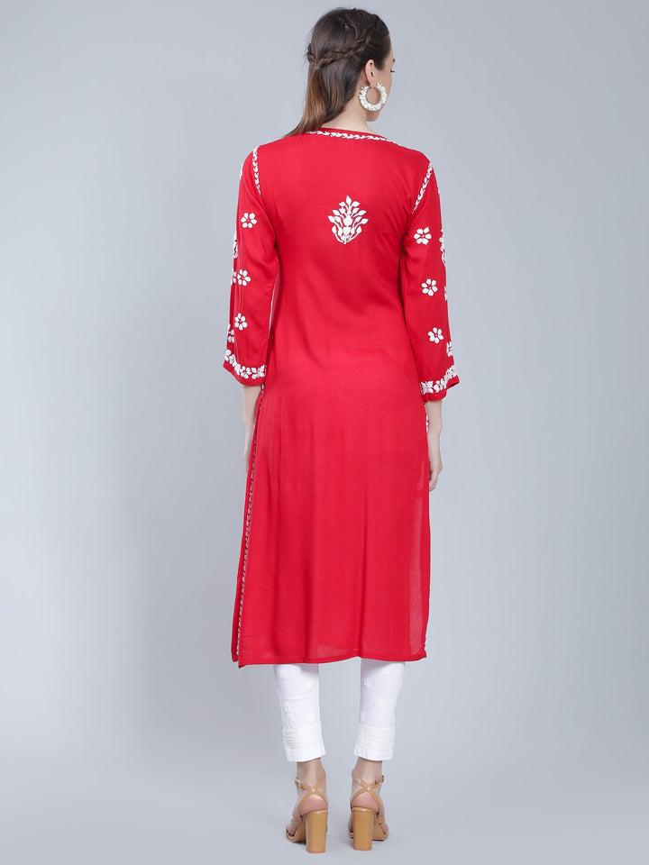 Red-Rayon-Kurta-with-Floral-Chikan-Embroidery