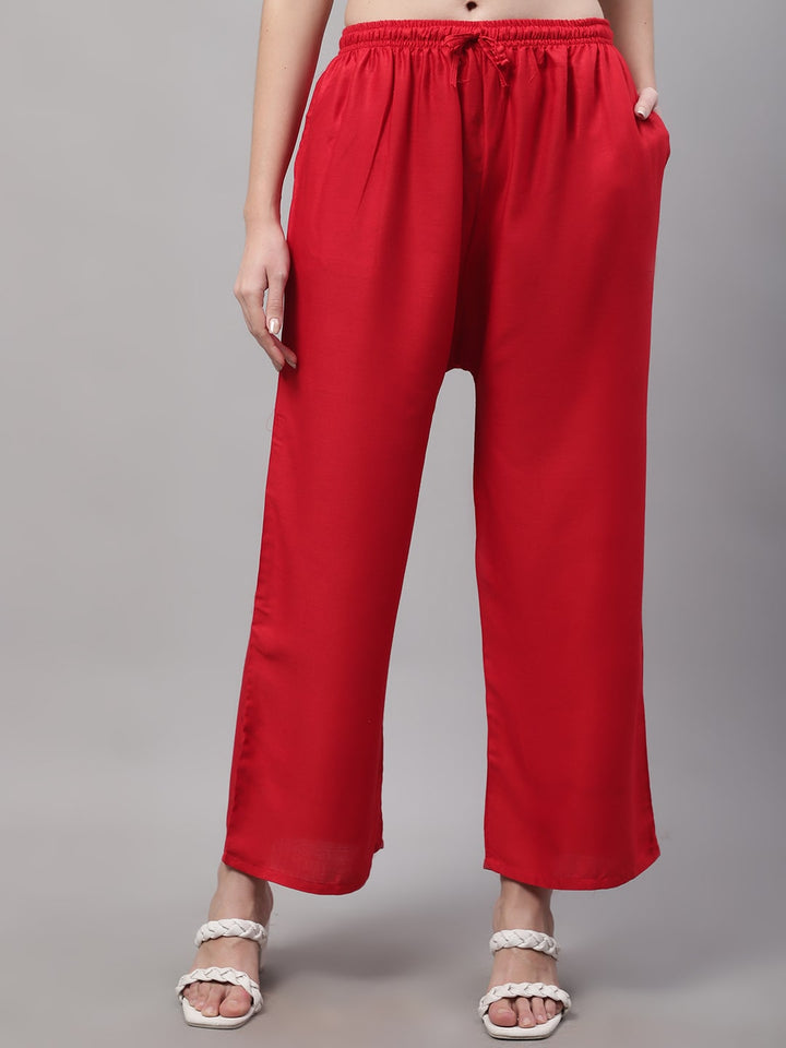 Red Rayon Solid Palazzo With Side Pocket
