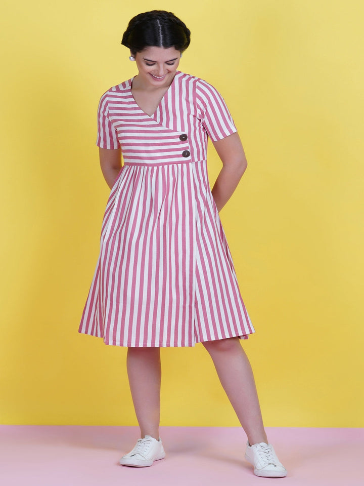 Red-Stripe-Cotton-Dress-With-A-Buttoned-Yoke