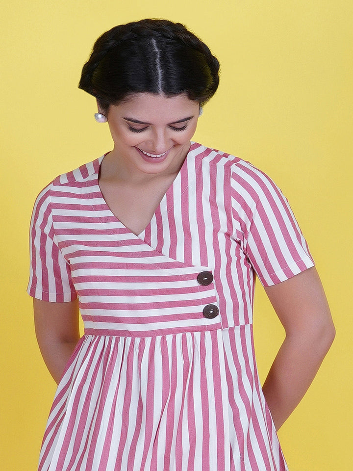 Red-Stripe-Cotton-Dress-With-A-Buttoned-Yoke