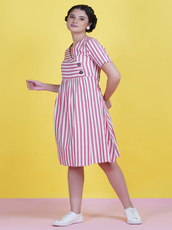 Red-Stripe-Cotton-Dress-With-A-Buttoned-Yoke