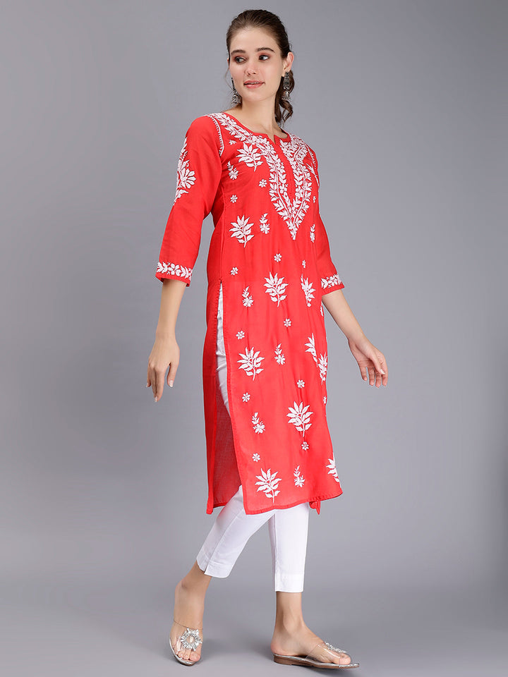 Red Terivoil Cotton Lucknowi Chikankari Embroidered Kurti