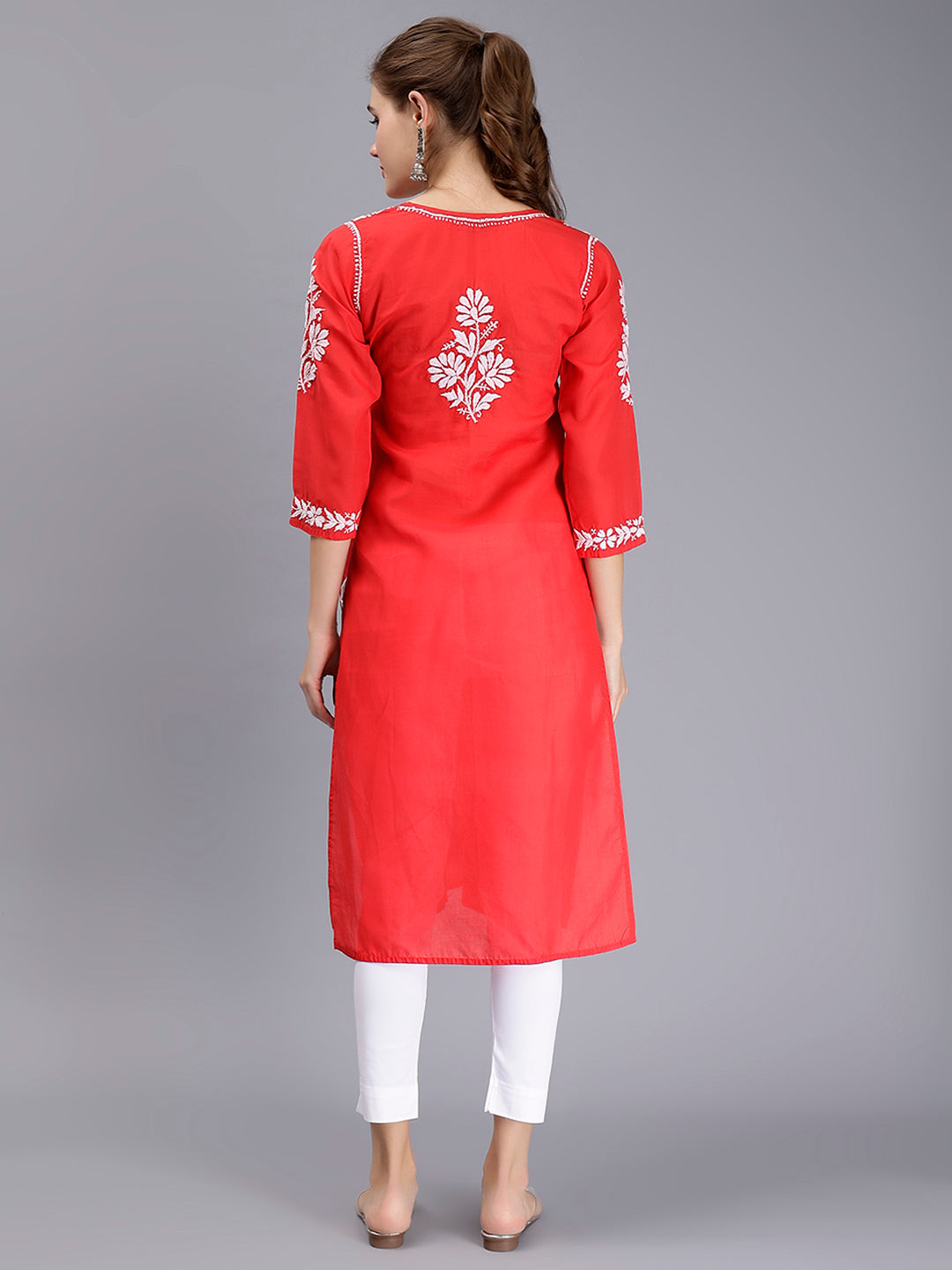 Red Terivoil Cotton Lucknowi Chikankari Embroidered Kurti