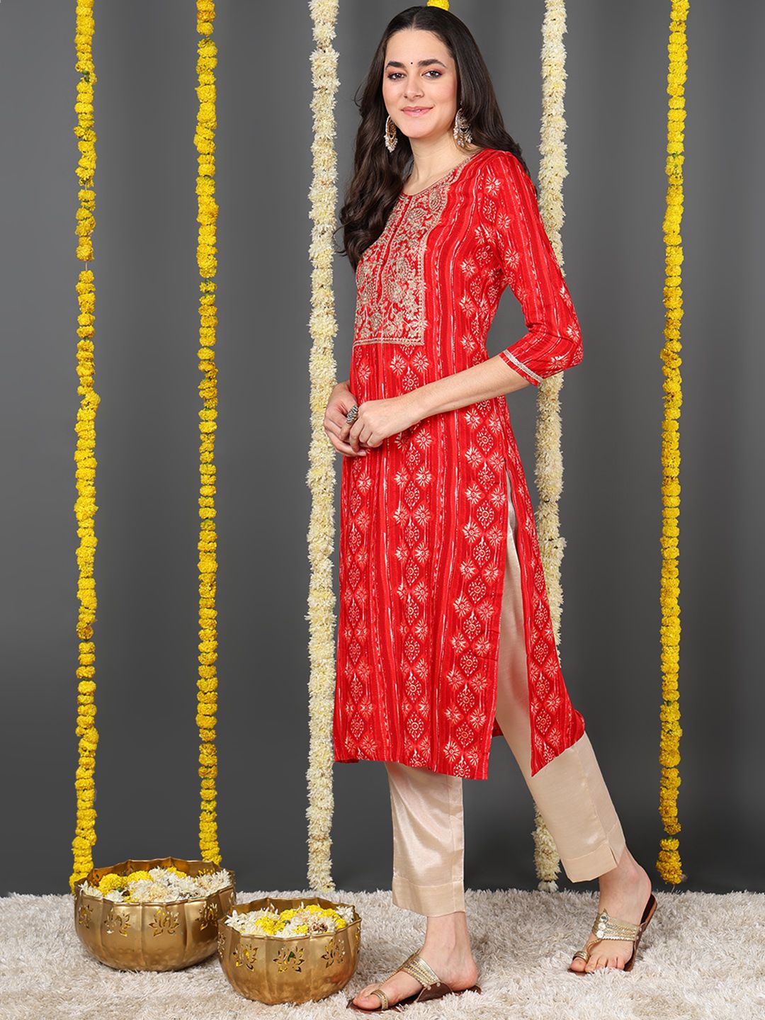 Red Viscose Rayon Ethnic Motifs Printed Straight Kurta