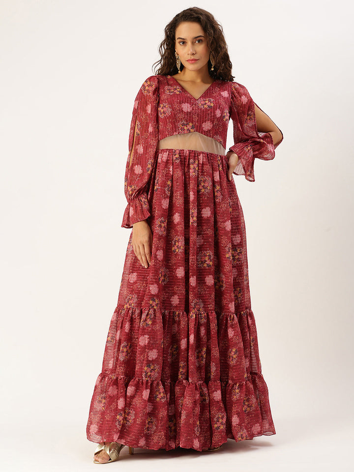 Red Wine Printed Georgette Printed Tiered Dress