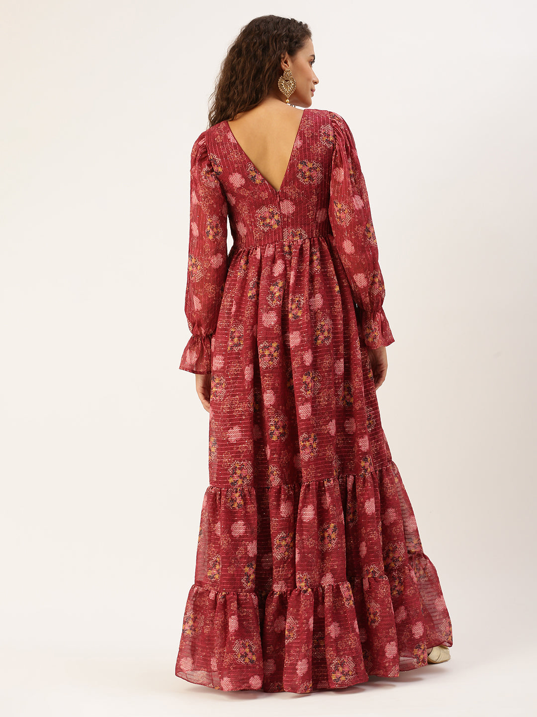 Red Wine Printed Georgette Printed Tiered Dress