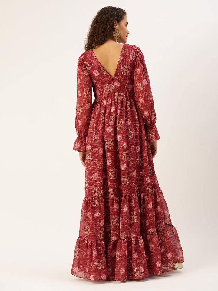 Red Wine Printed Georgette Printed Tiered Dress