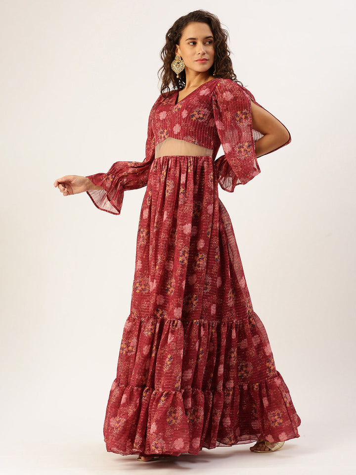 Red Wine Printed Georgette Printed Tiered Dress