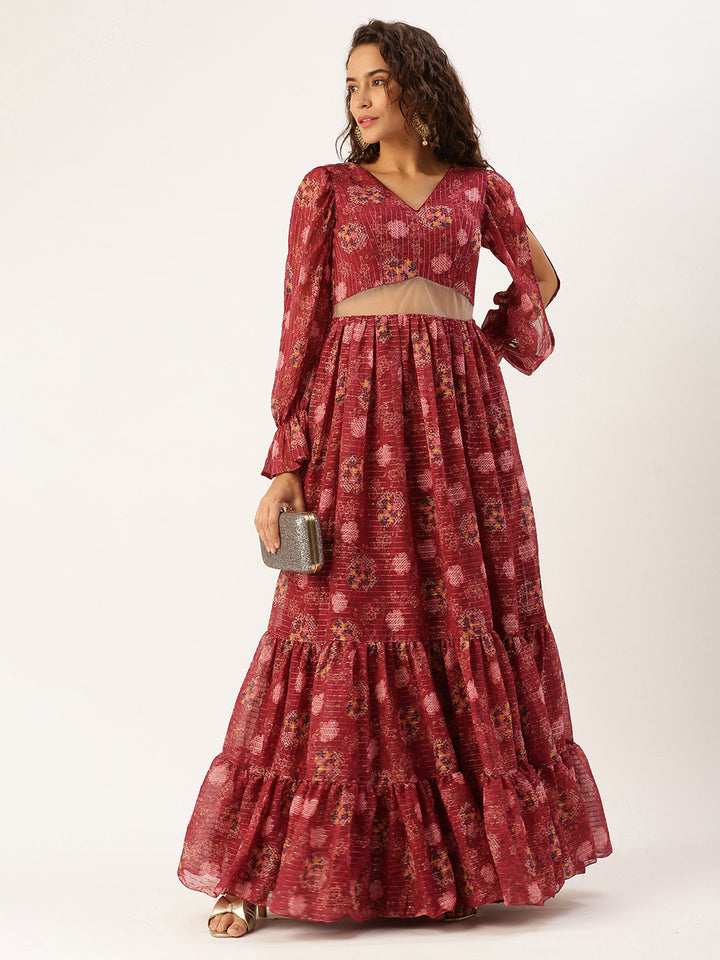 Red Wine Printed Georgette Printed Tiered Dress