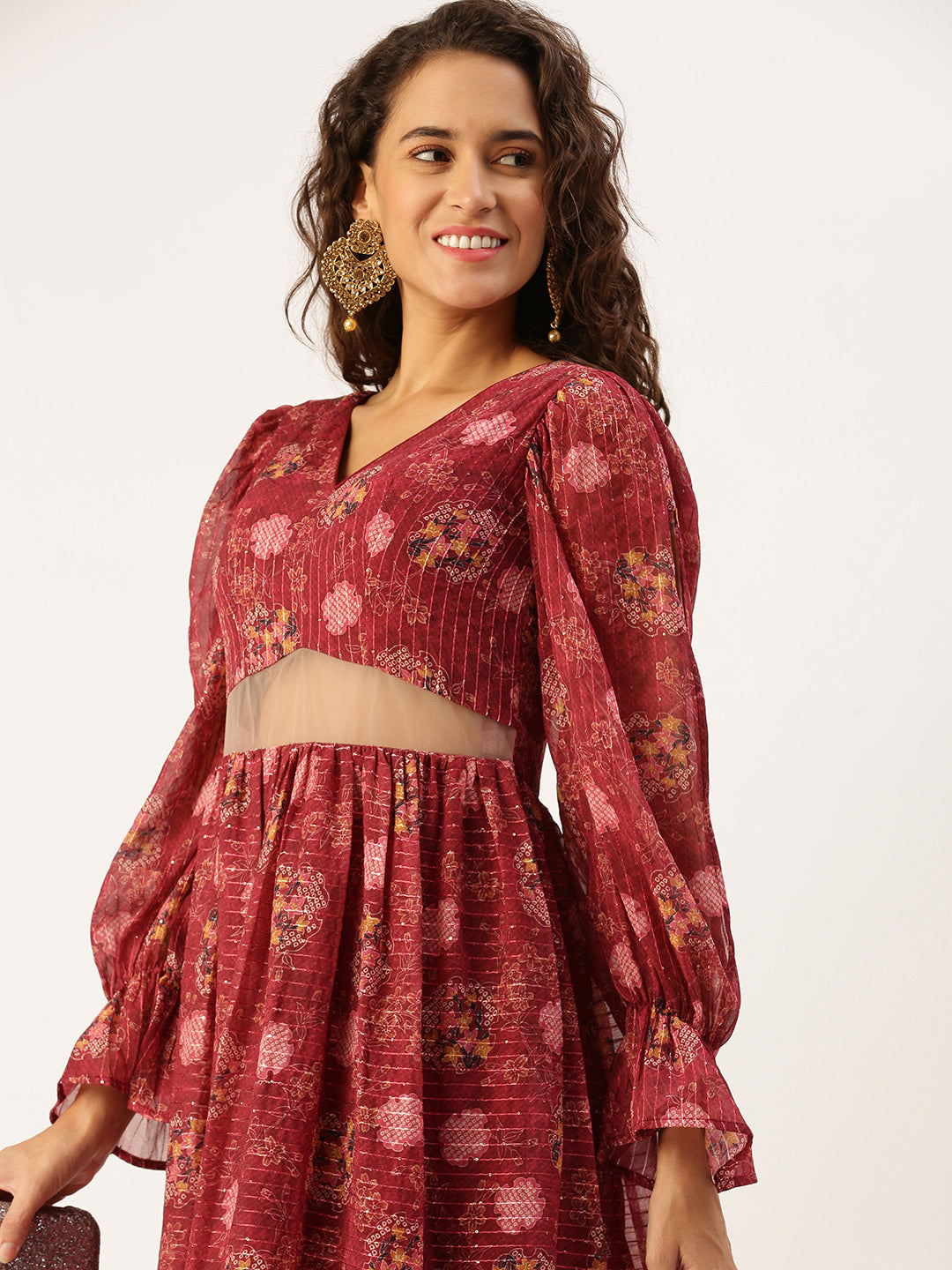 Red Wine Printed Georgette Printed Tiered Dress