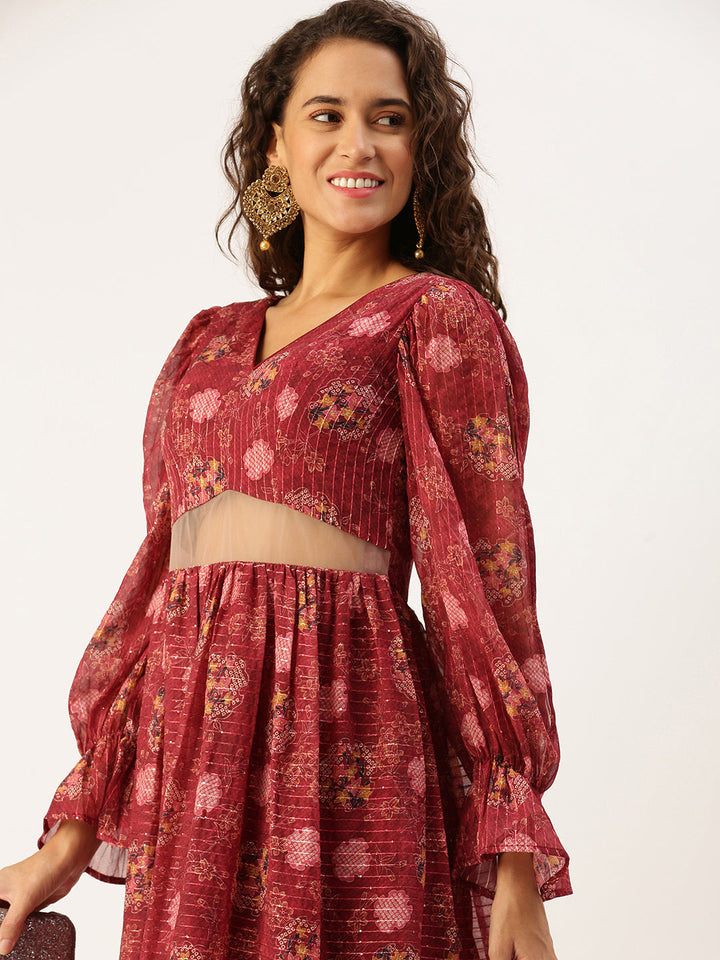 Red Wine Printed Georgette Printed Tiered Dress