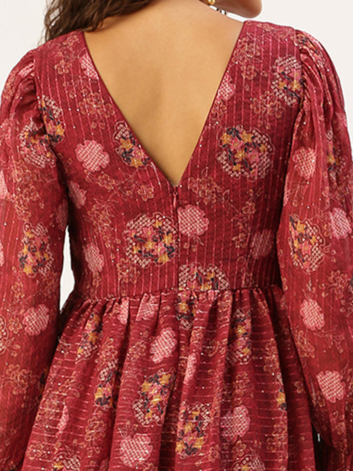 Red Wine Printed Georgette Printed Tiered Dress