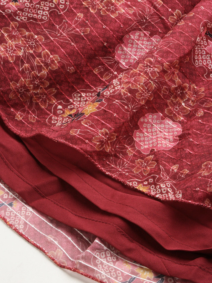 Red Wine Printed Georgette Printed Tiered Dress