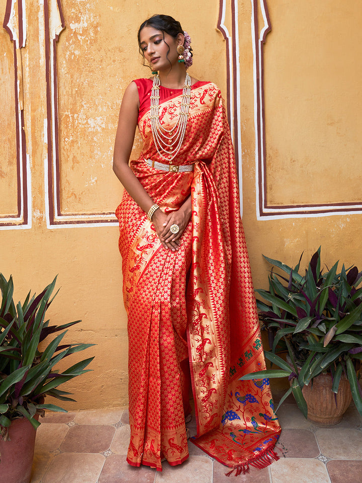 Red Woven Ethnic Motifs Paithani Silk Festive Saree