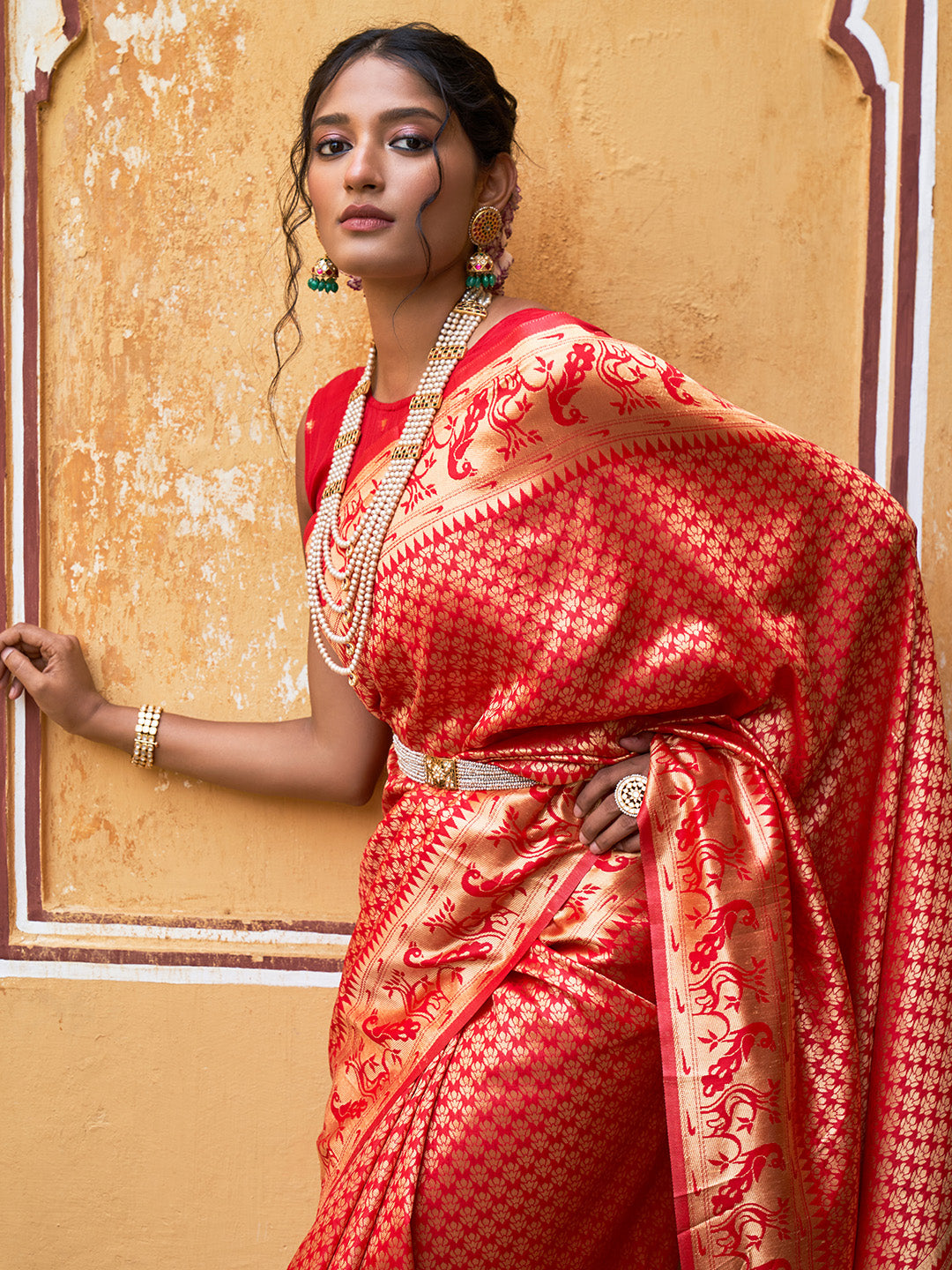 Red Woven Ethnic Motifs Paithani Silk Festive Saree