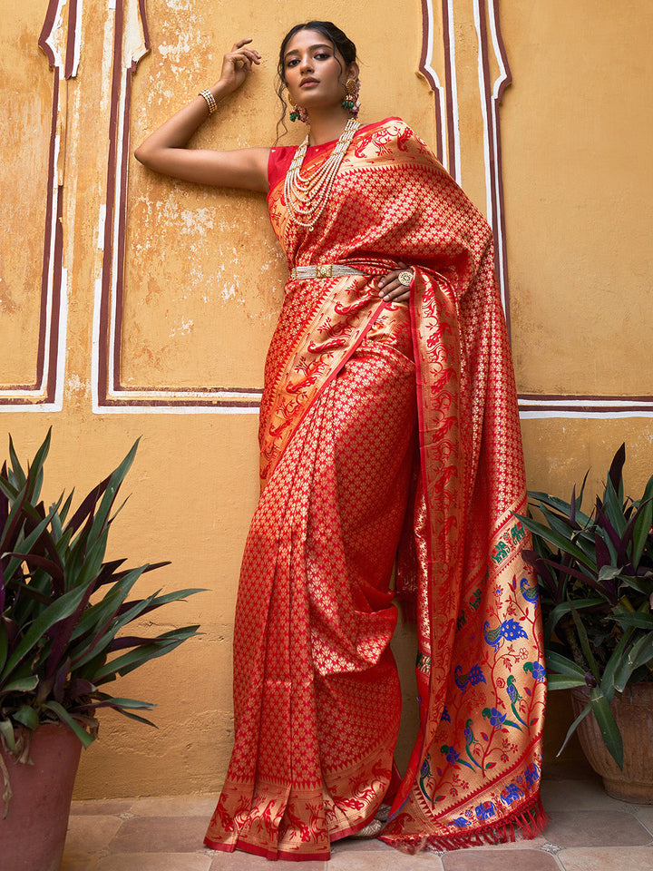 Red Woven Ethnic Motifs Paithani Silk Festive Saree