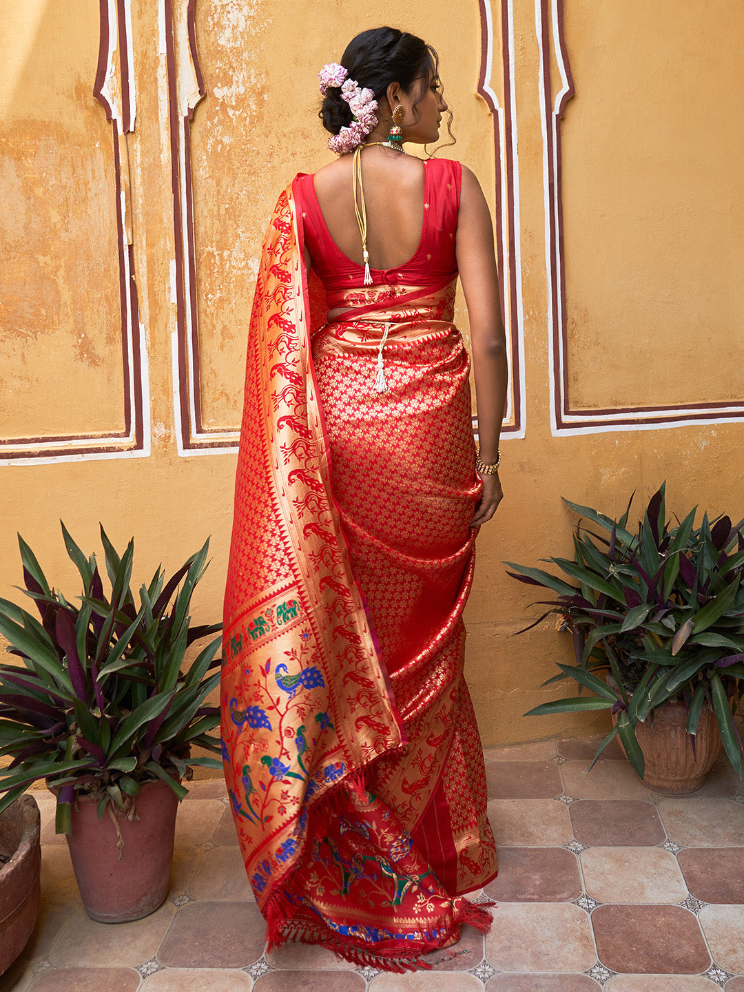 Red Woven Ethnic Motifs Paithani Silk Festive Saree