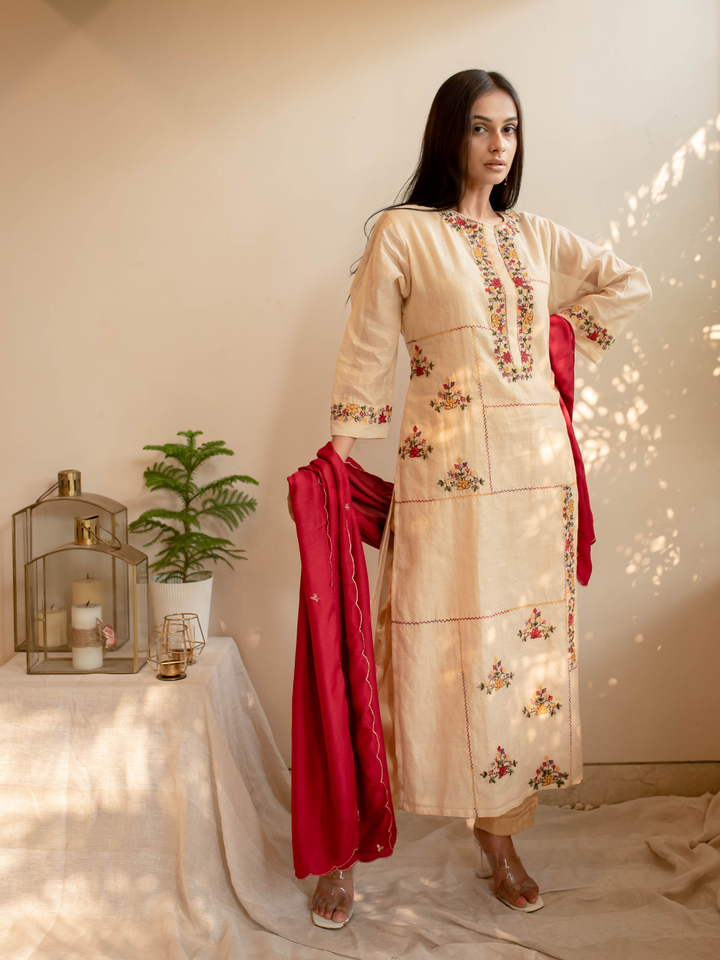 Red-&-Beige-Tissue-Kurta-Set-with-Thread-Embroidery