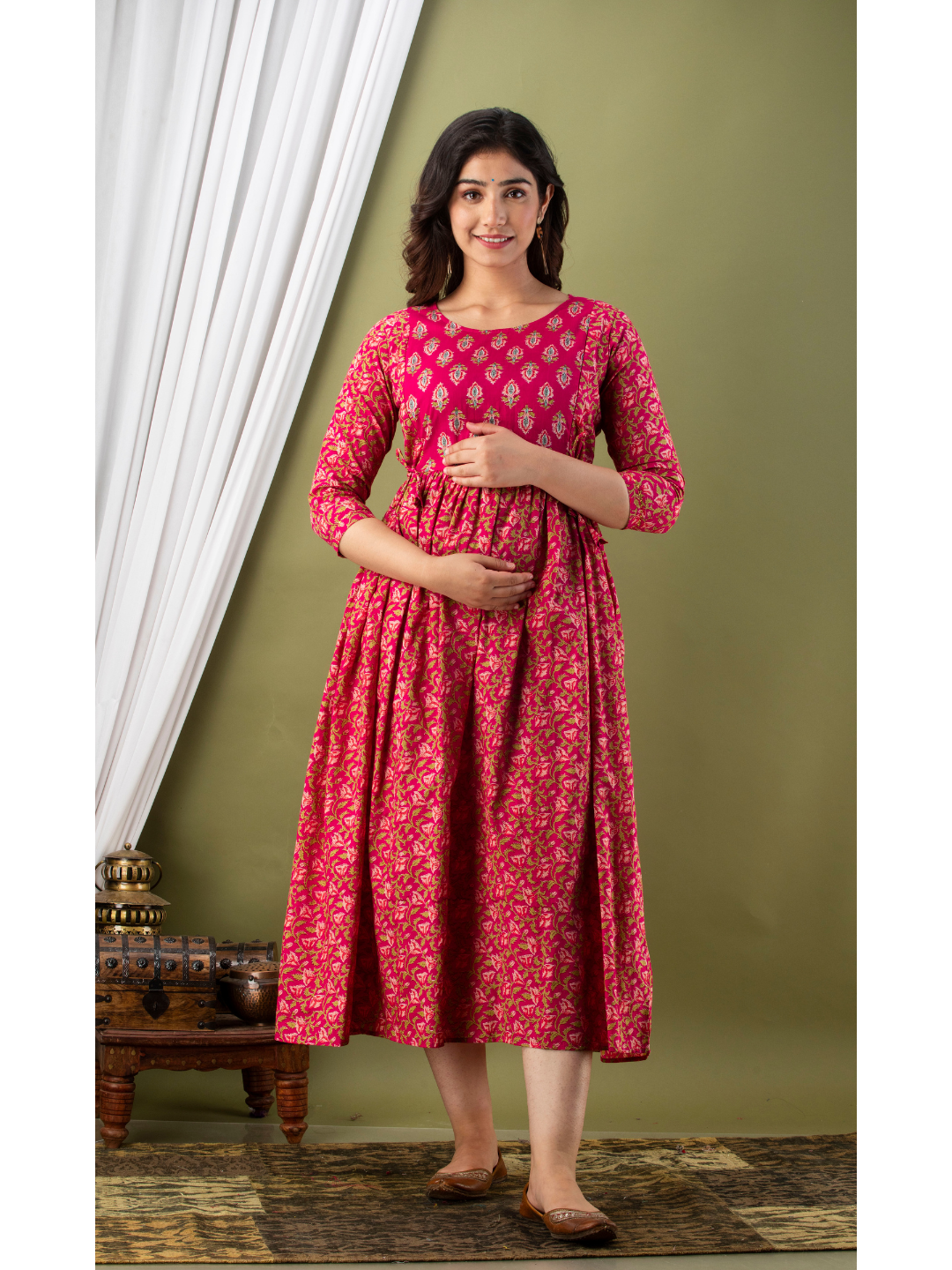 Red-&-Pink-Print-Maternity-Baby-Feeding-Dress