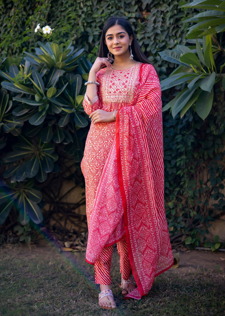 Red & White Modal Zari Yoke Printed Kurta Set